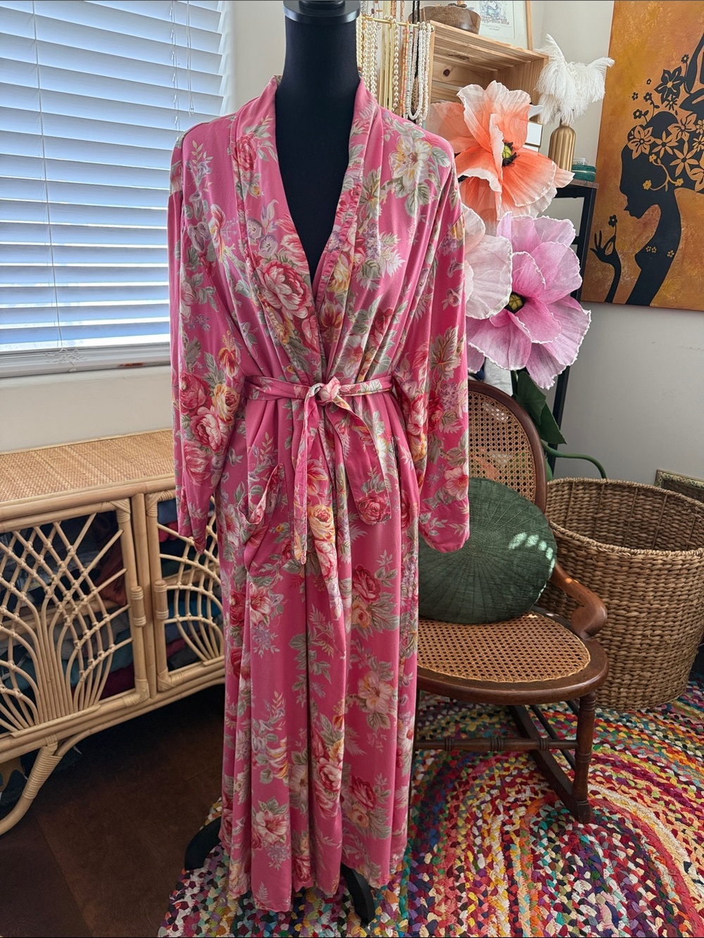 Vintage Y2K April Cornell Pink Floral Long Robe Maxi Dressing Gown Cottagecore